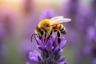 Abeille mellifère couverte de pollen sur une fleur de lavande en Provence, gros plan macro réaliste illustrant la pollinisation