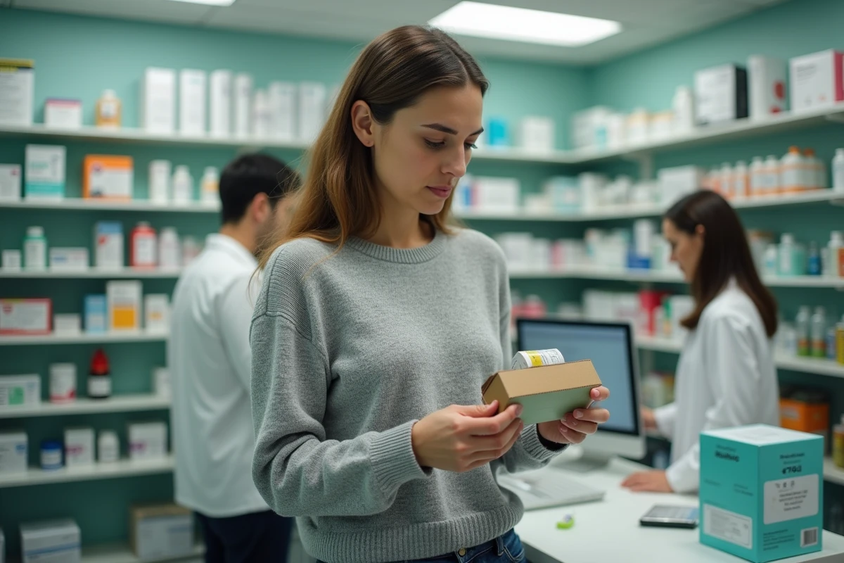Femme achetant un contraceptif pour chat sans ordonnance dans une pharmacie ou animalerie