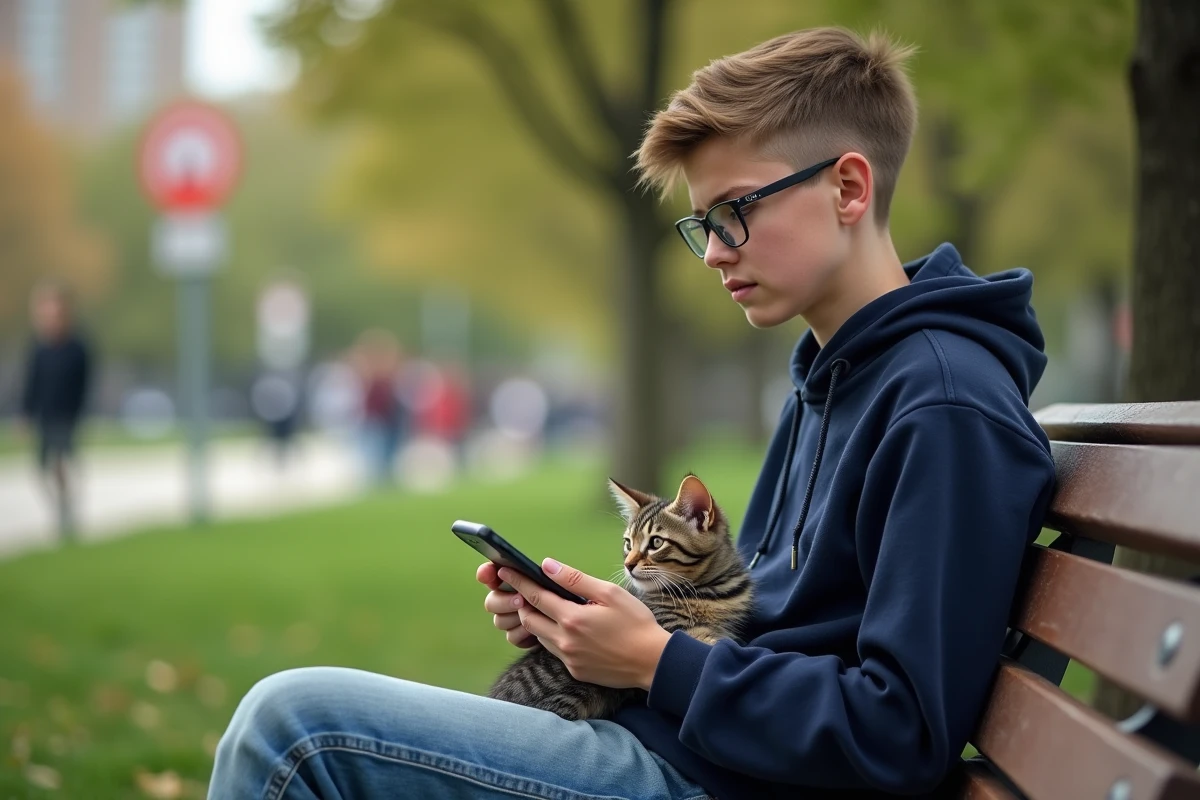 Adolescent avec chaton dans un parc en plein air