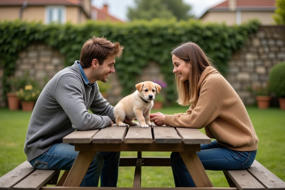 Couple de jeunes adultes évaluant un chiot à donner dans un jardin résidentiel près de Bordeaux