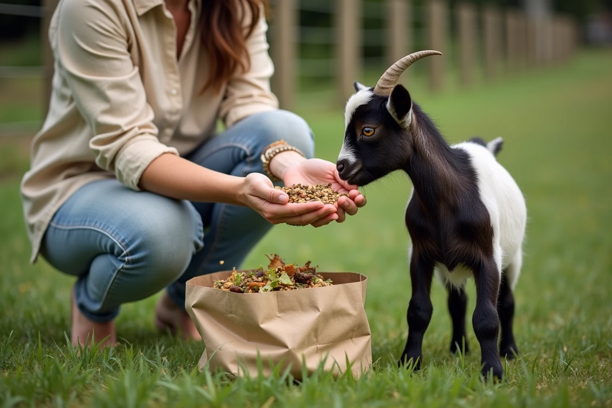 Personne nourrissant une chèvre naine à la main avec des granulés dans un pré, avec sac de nourriture ouvert au sol
