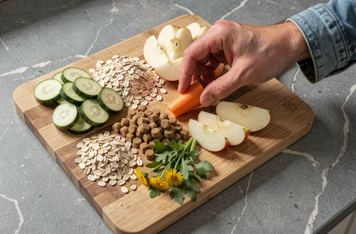 Assortiment d'aliments pour grillons en captivité présentés sur une planche en bois dans une cuisine