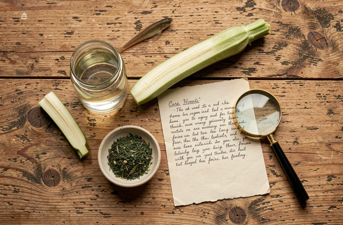 Matériel pour nourrir un têtard de manière légale et naturelle : légumes blanchis, spiruline et eau de mare