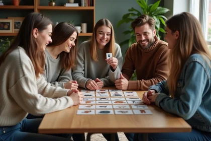 Groupe d'amis jouant &agrave; un jeu avec cartes animaux