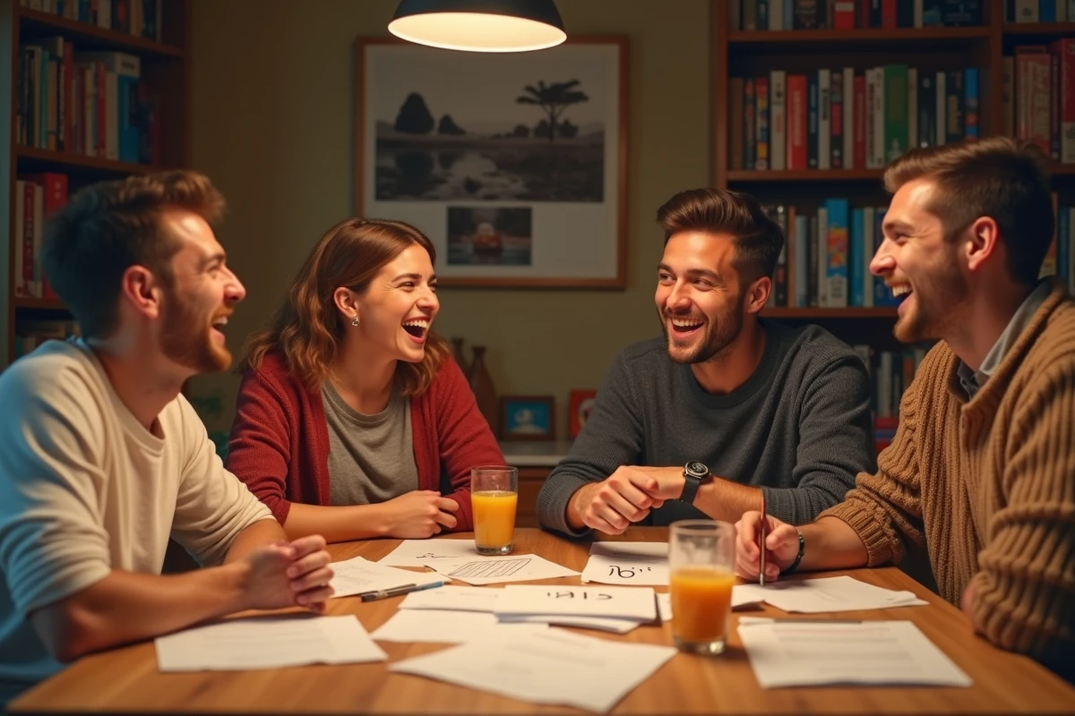 Groupe d'amis jouant au Petit Bac autour d'une table en bois, riant en désignant le mot 'Ibis' écrit sur une feuille
