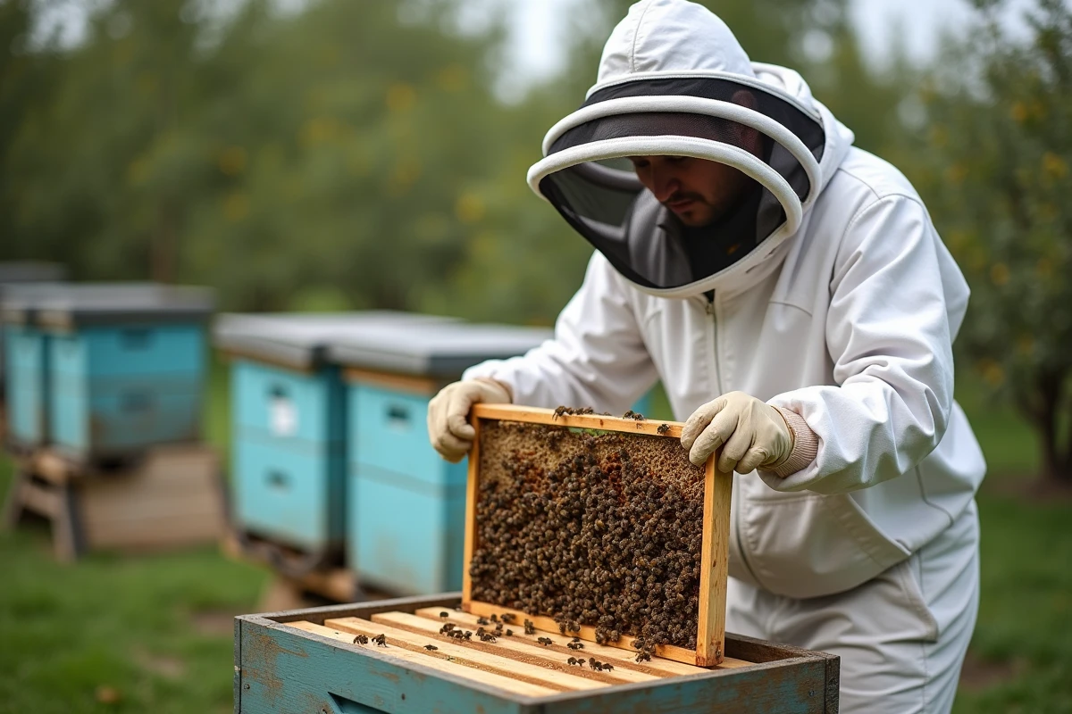 Apiculteur en combinaison blanche tenant un cadre de ruche recouvert d'abeilles dans un verger, reportage photographique sur la protection des pollinisateurs