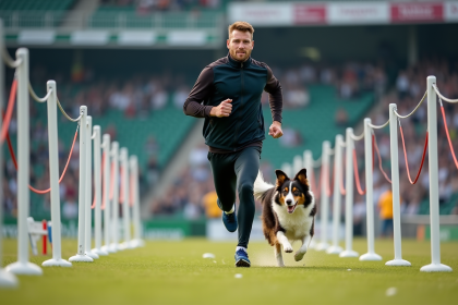Champion d'agilité courant avec son chien en extérieur
