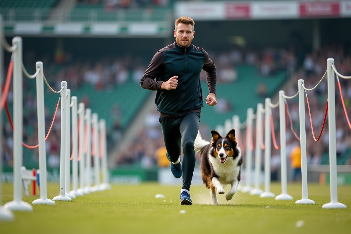 Champion d'agilité courant avec son chien en extérieur