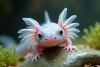 Axolotl rose aux branchies externes en éventail reposant sur un caillou immergé dans une eau douce cristalline