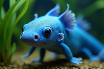 Axolotl bleu nageant dans un aquarium lumineux