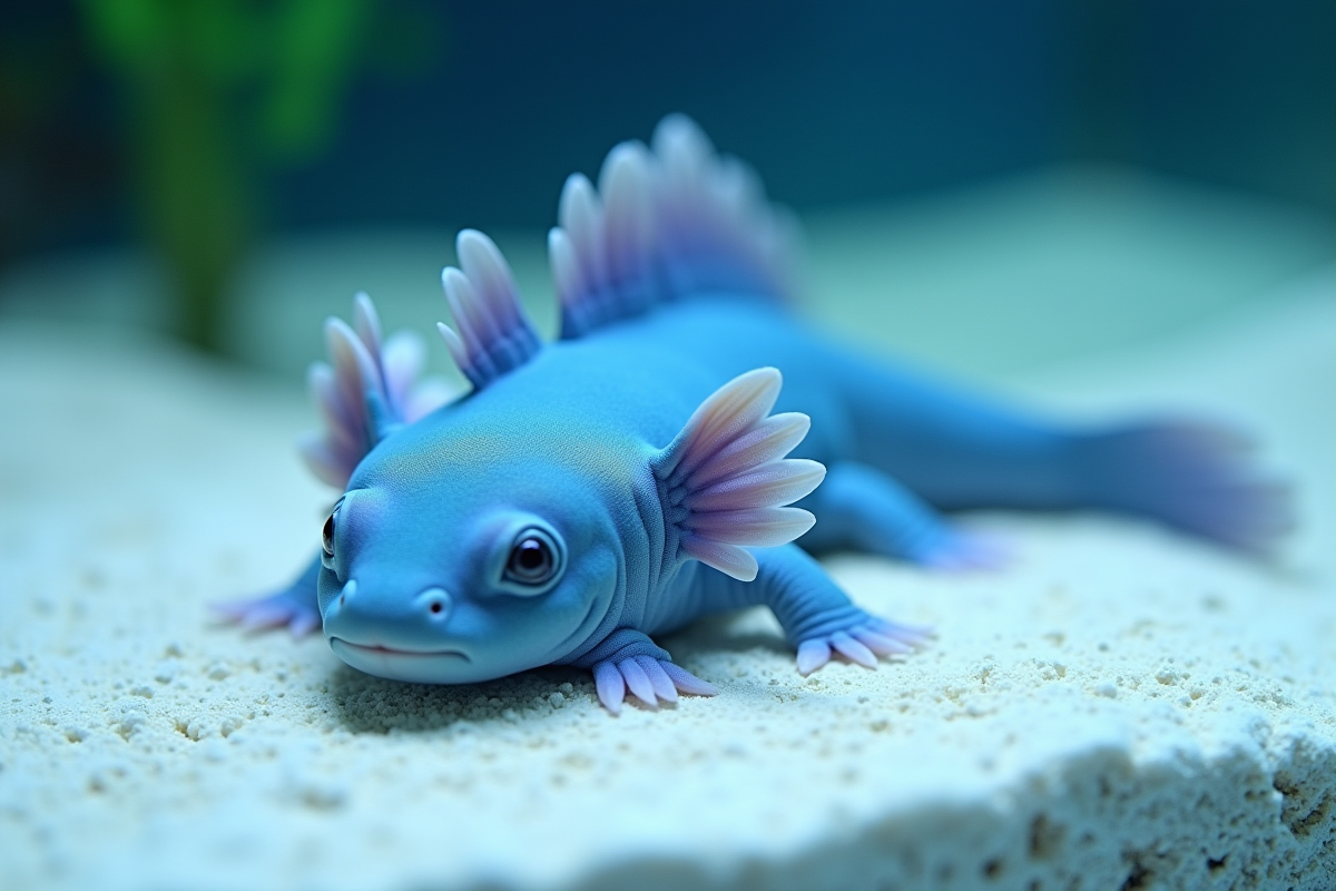 Axolotl bleu reposant sur le sable blanc dans l