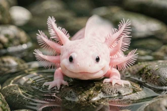 Axolotl rose rare en gros plan sur des rochers de rivière, avec ses branchies externes en éventail dans un habitat aquatique naturel