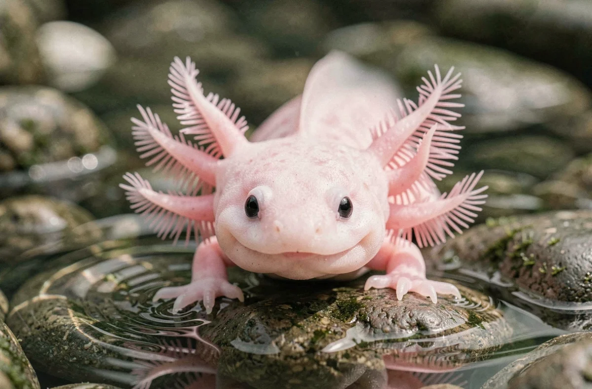Axolotl rose rare en gros plan sur des rochers de rivière, avec ses branchies externes en éventail dans un habitat aquatique naturel