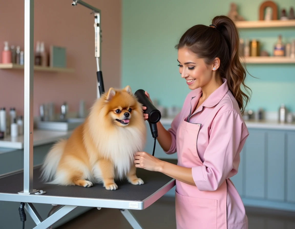 Toiletteuse de Beau'ti Chien à Rouen séchant un poméranian sur une table de toilettage