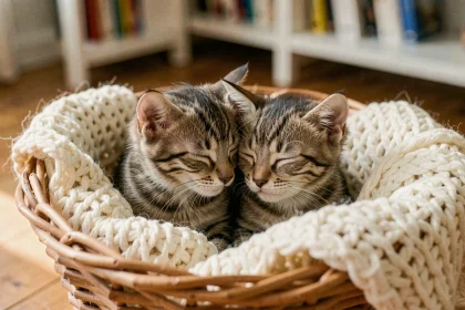 Deux bébés chatons tigrés nichés ensemble dans un panier en osier avec une couverture en laine crème, illustrant l'adoption de plusieurs chatons à donner près de Toulon