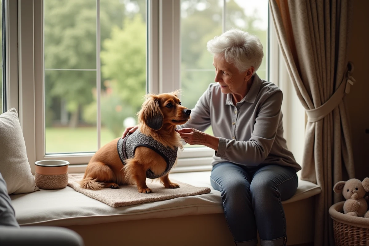 Femme &acirc;g&eacute;e brossant un teckel nain longhair pr&egrave;s d