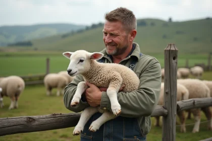 Homme d'&acirc;ge moyen tenant un jeune mouton &agrave; la ferme