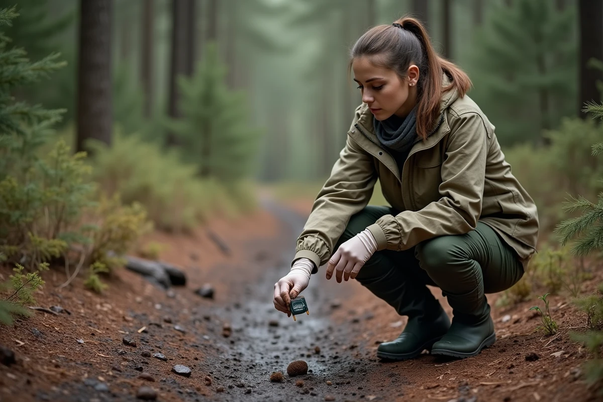 Biologiste de terrain équipée de gants analysant des déjections de sanglier sur un sentier forestier, étude des risques sanitaires liés à la faune sauvage