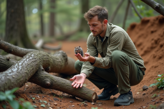 Jeune biologiste examinant un petit mammifere dans la nature