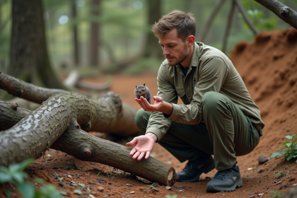Jeune biologiste examinant un petit mammifere dans la nature
