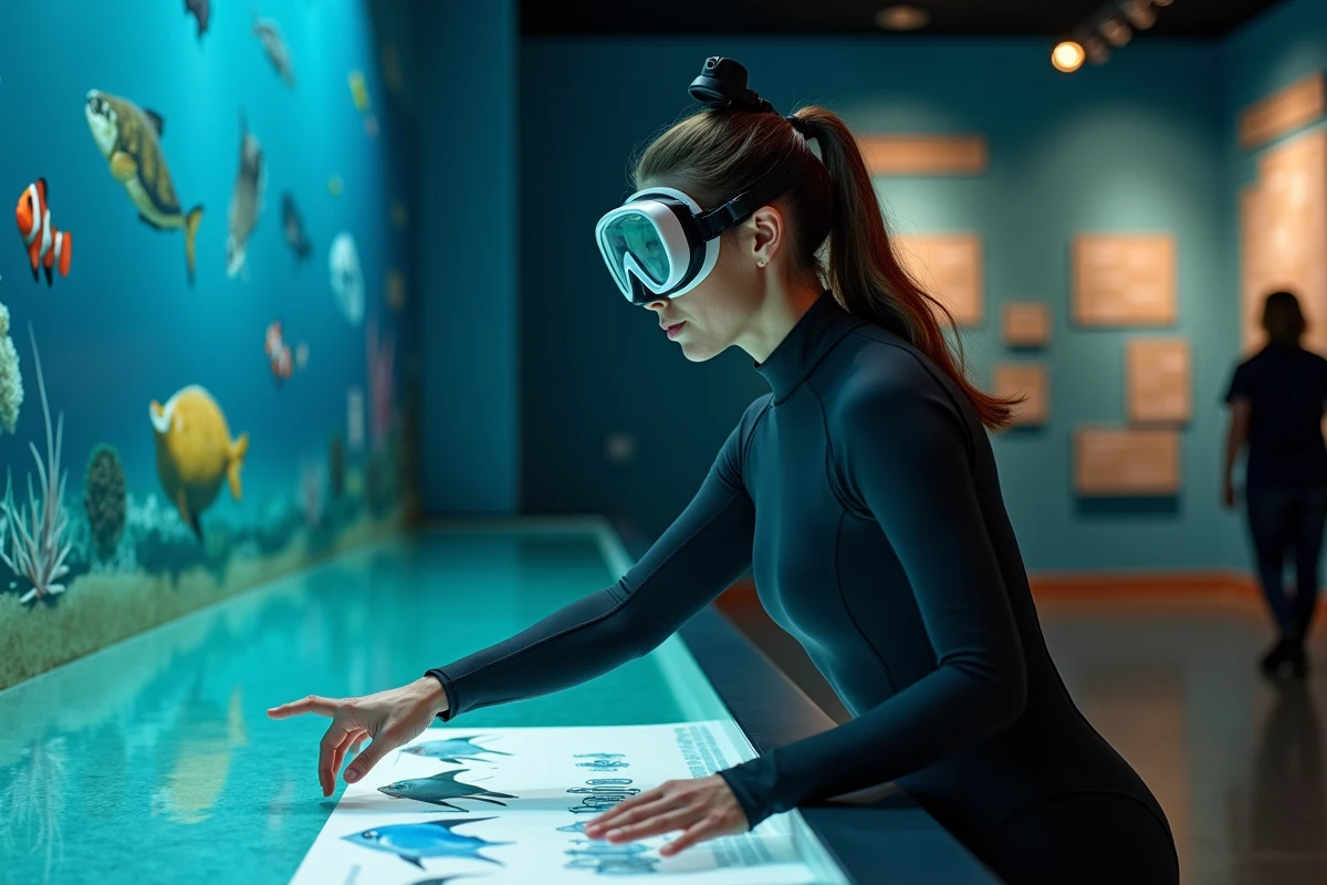 Biologiste marine expliquant les espèces de poissons du Monde de Nemo devant un bassin pédagogique dans un musée océanographique