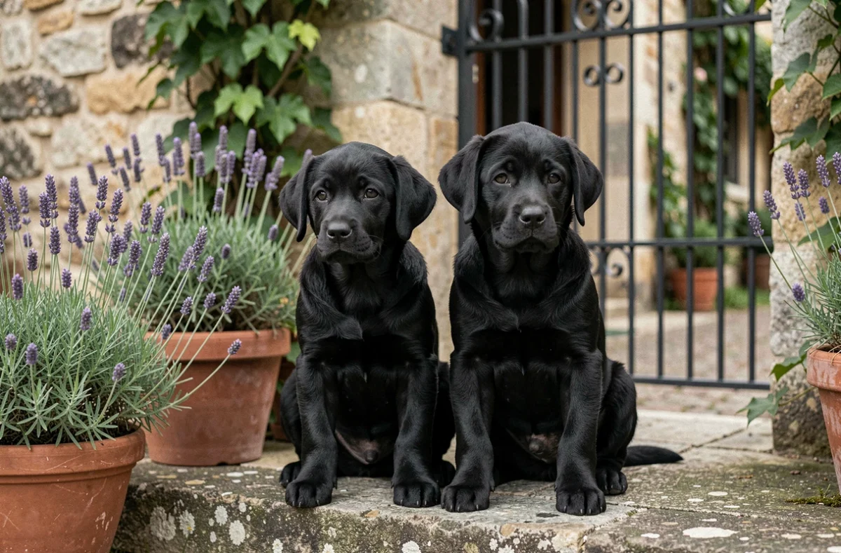 Deux chiots labradors noirs brillants assis sur un perron en pierre de l'élevage Black Angels of Life, entourés de lavande et d'une grille en fer forgé