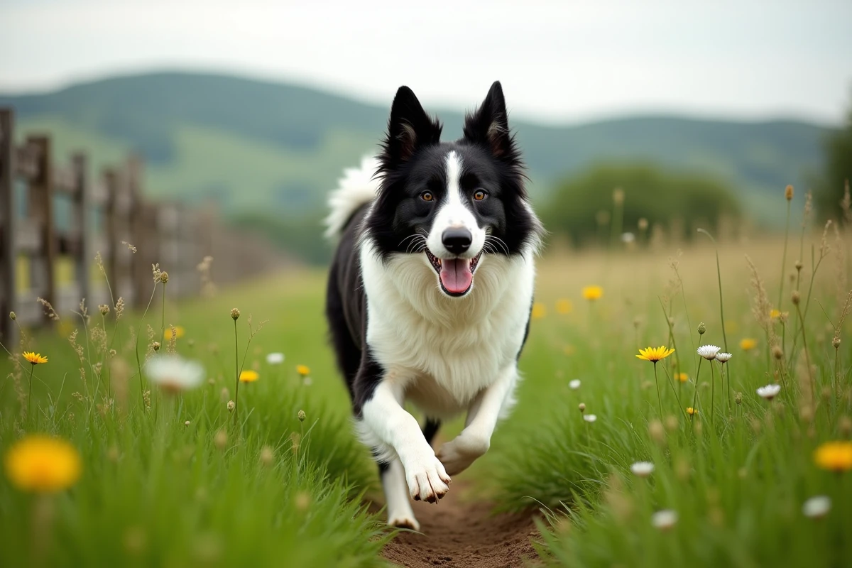 Border collie adulte courant librement dans une prairie verte de campagne française, plein de vitalité