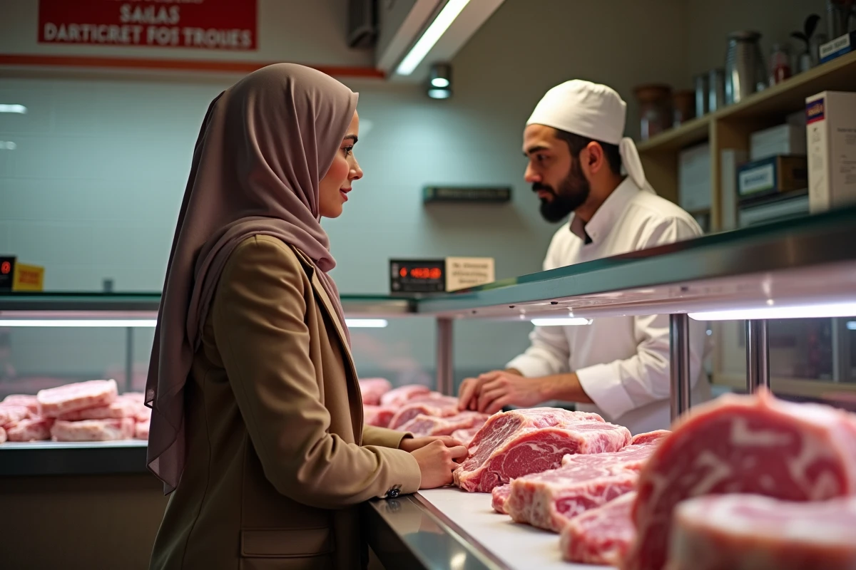 Jeune femme au comptoir de boucherie halal discutant avec le boucher