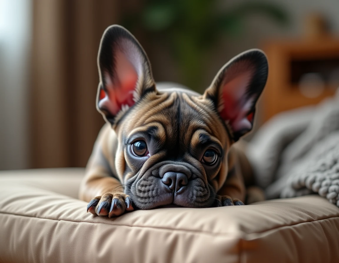 Bouledogue français reposant sur un coussin indestructible à coutures renforcées avec traces de morsures visibles