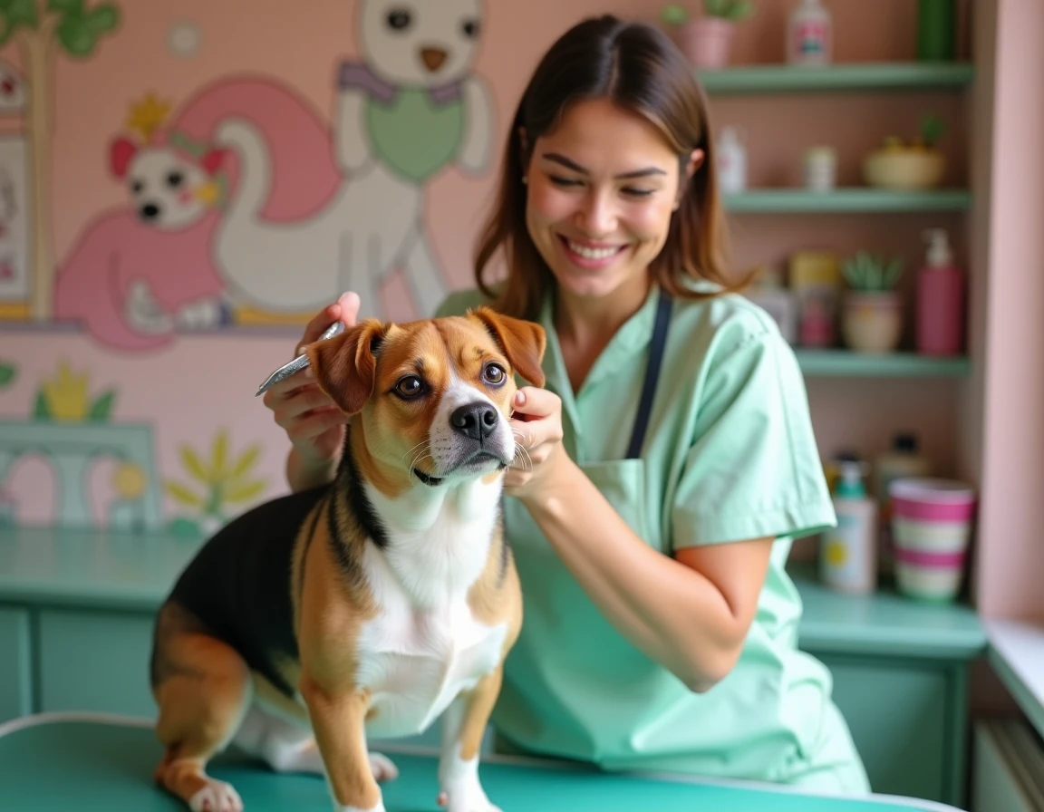 Toiletteuse de Boulette et Compagnie au Havre taillant le museau d'un beagle dans un salon coloré
