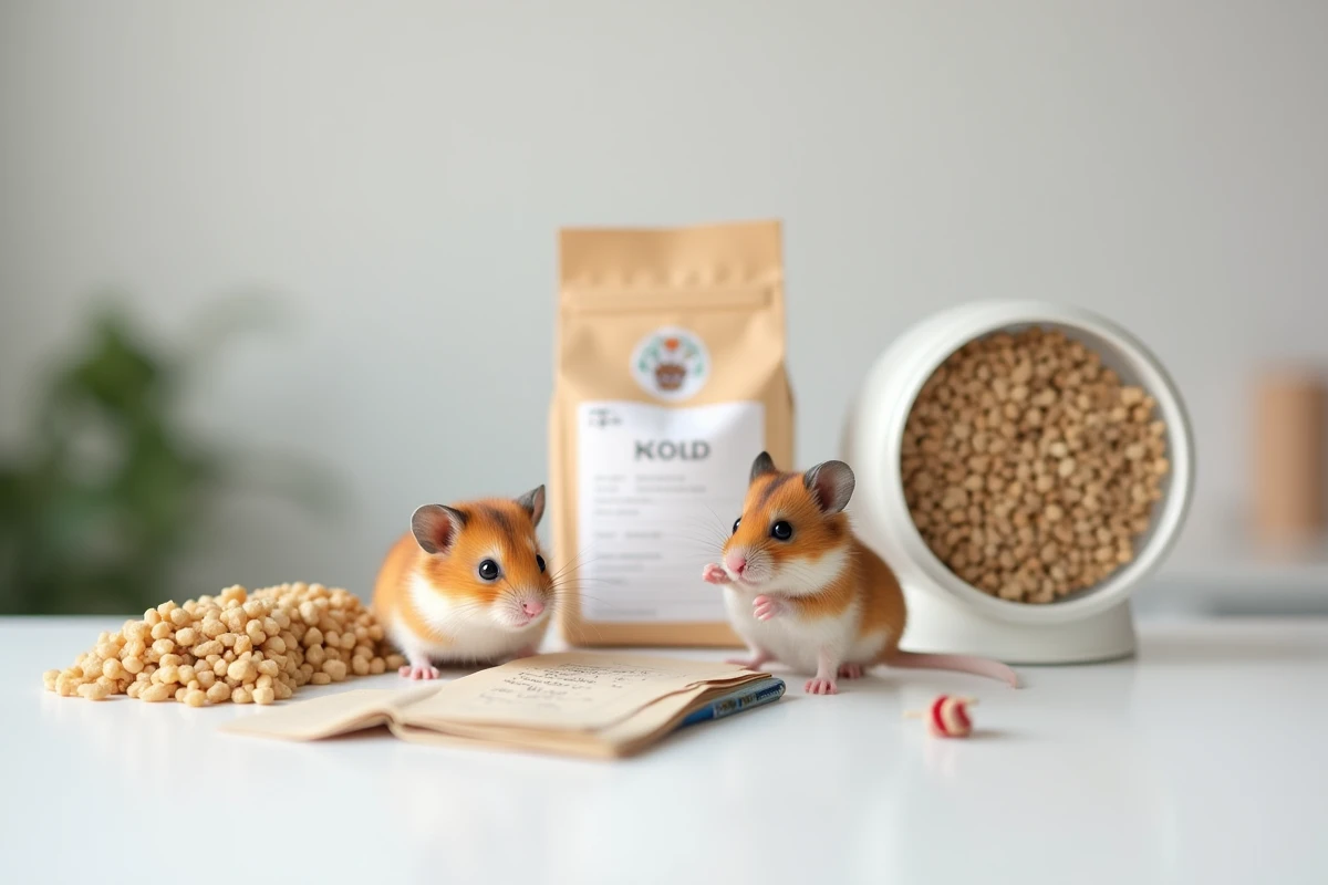 Vue à plat des accessoires et dépenses courantes pour un hamster russe, illustrant le budget global sur sa durée de vie