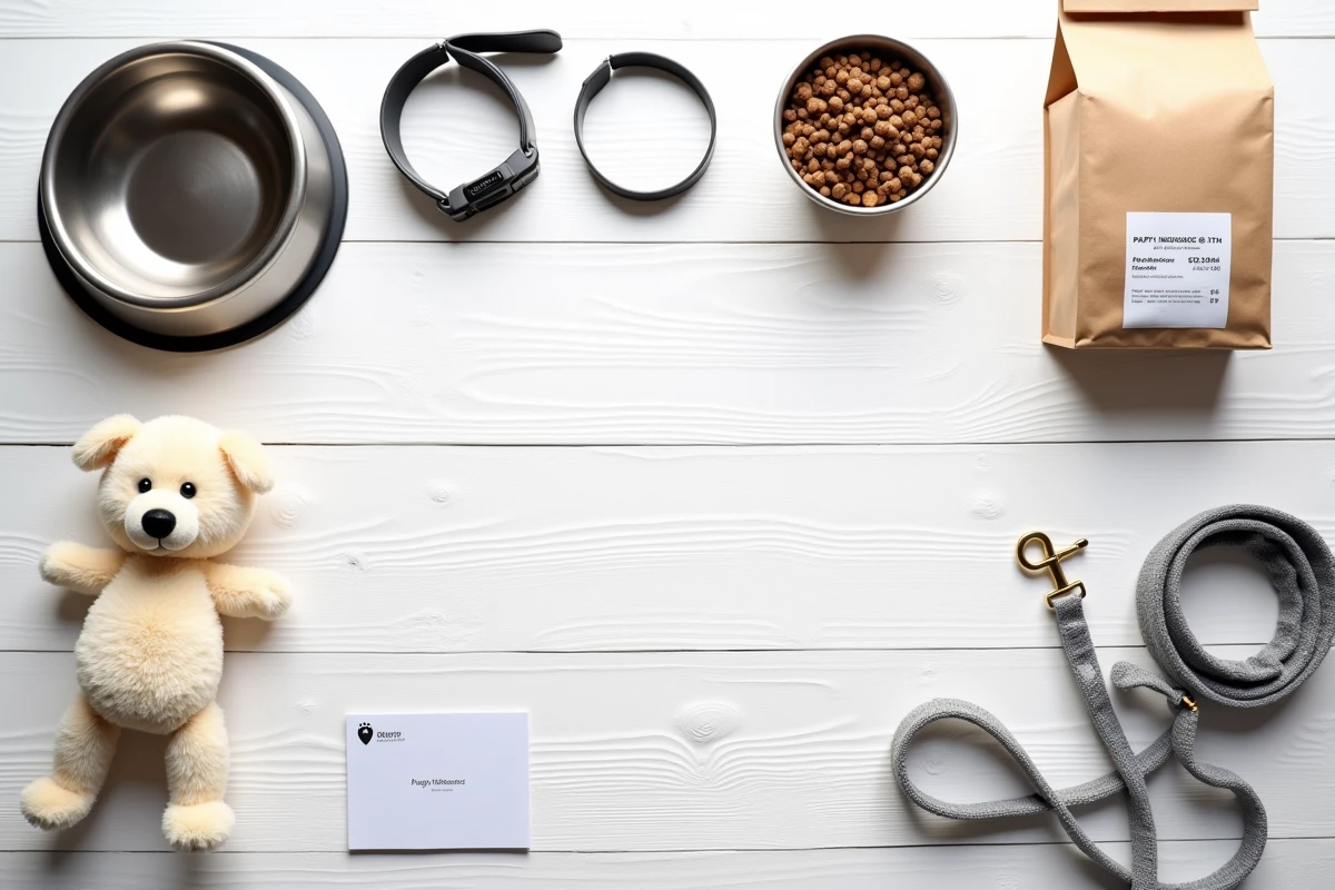 Vue de dessus des accessoires essentiels pour un chiot Eurasier : gamelle, collier, croquettes, carte vétérinaire et assurance, posés sur une table en bois blanc
