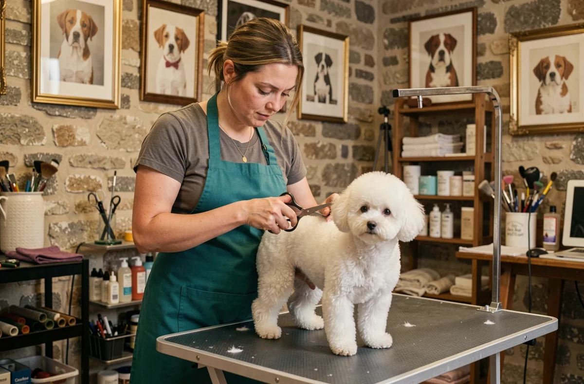 Toiletteuse de Cabot'ine à Rouen coiffant un bichon frisé blanc dans un salon au décor vintage