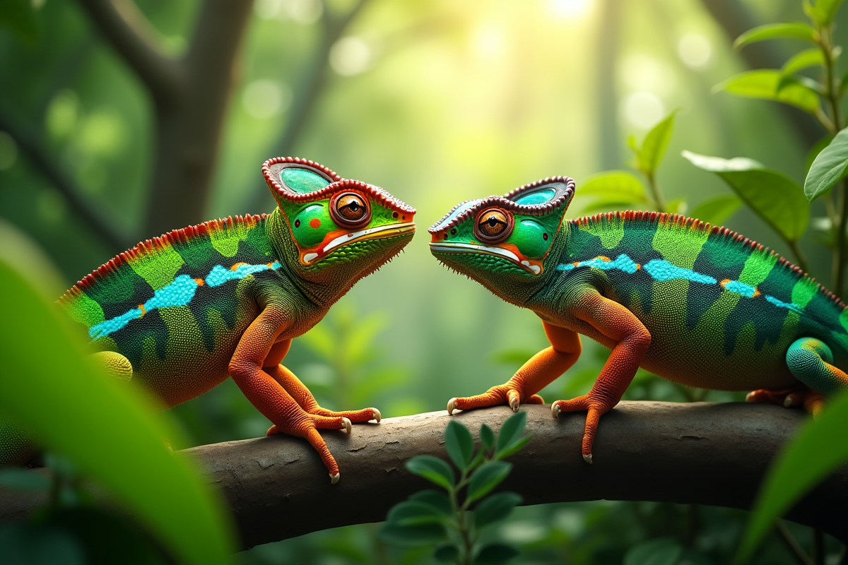 Gecko et caméléon en forêt verte avec lumière du soleil