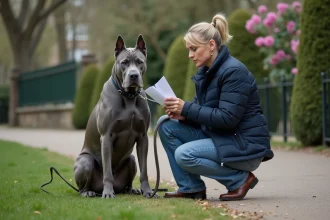 Chien Cane Corso bleu avec femme dans un parc français