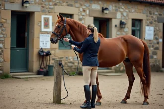 Jeune cavalière qui prépare un cheval de club dans la cour d'un centre équestre, illustrant la relation entre cavalier et cheval de club partagé