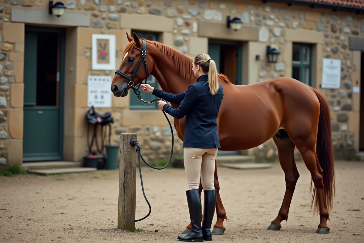 Jeune cavalière qui prépare un cheval de club dans la cour d'un centre équestre, illustrant la relation entre cavalier et cheval de club partagé