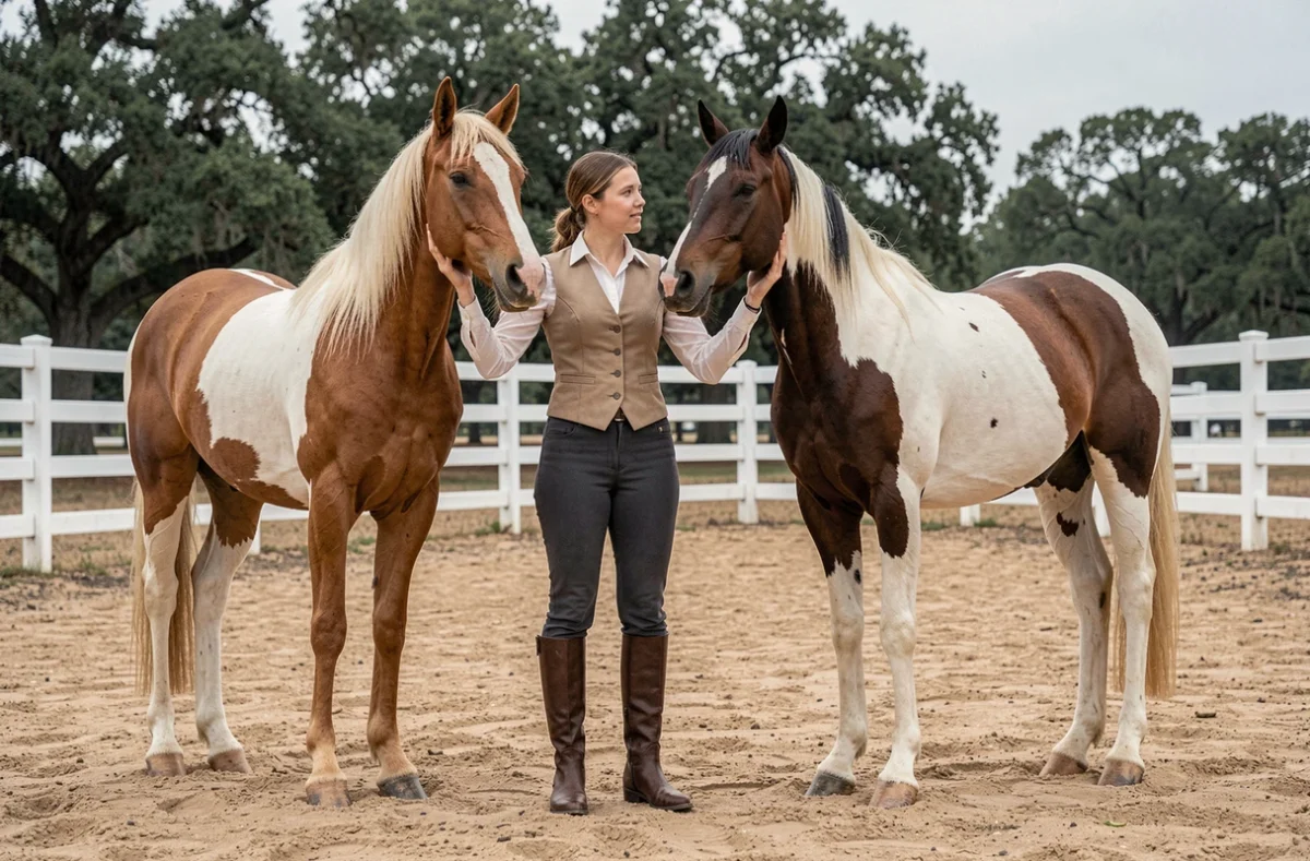 Cavalière comparant un cheval Appaloosa et un Paint Horse dans un paddock en sable avec une clôture blanche