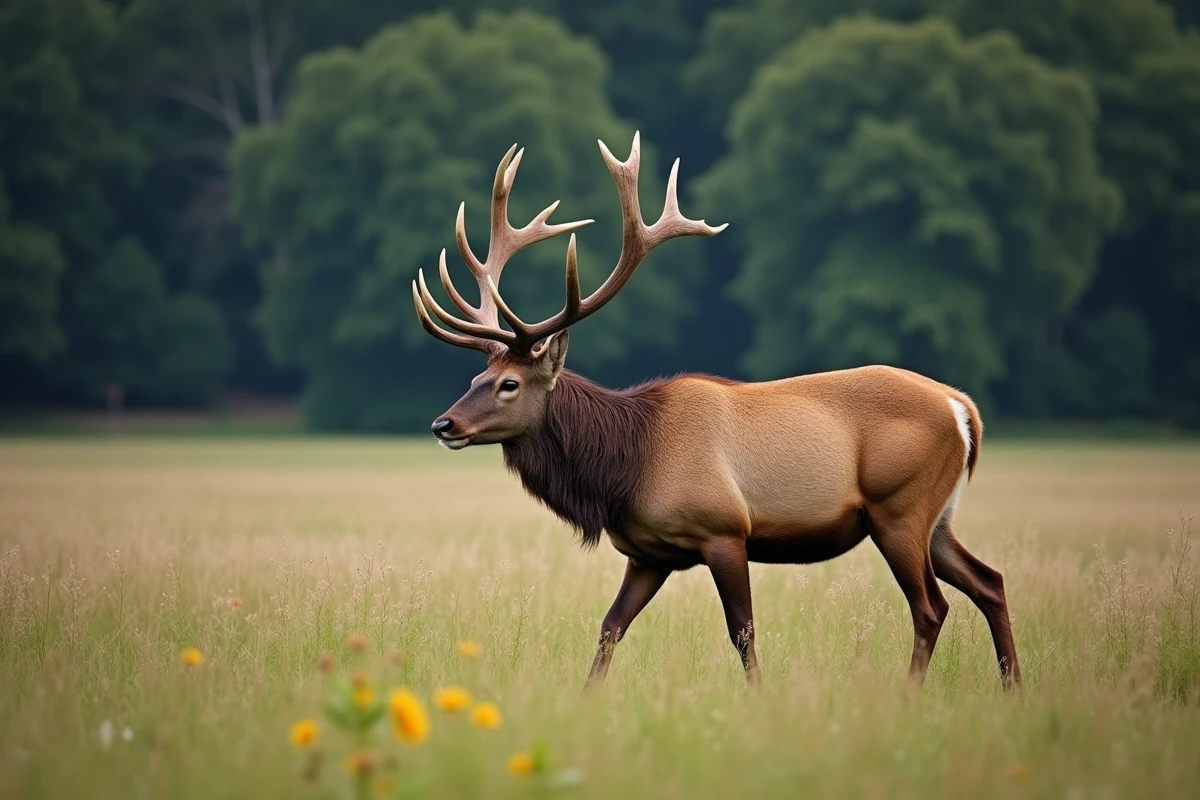 Cerf rouge avec grands bois dans une prairie en automne