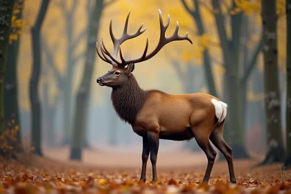 Cerf élaphe adulte en forêt automnale, silhouette imposante avec grands bois ramifiés et pelage roux-brun caractéristique