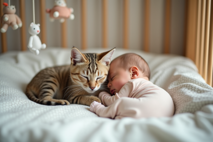 Chat tigré au repos près d'un bébé dans une nurserie chaleureuse