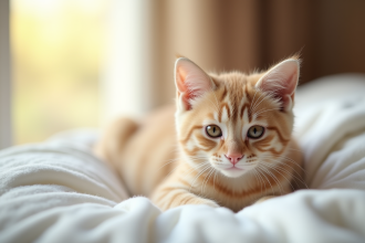 Chat beige allongé sur un linge blanc près d'une fenêtre ensoleillée
