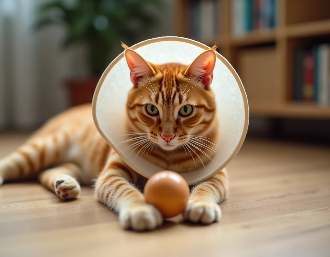 Chat roux avec collerette donut jouant avec une balle distributrice de friandises sur parquet en bois