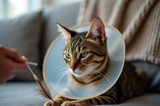 Chat tigré portant une collerette transparente jouant tranquillement avec une plume sur un canapé gris