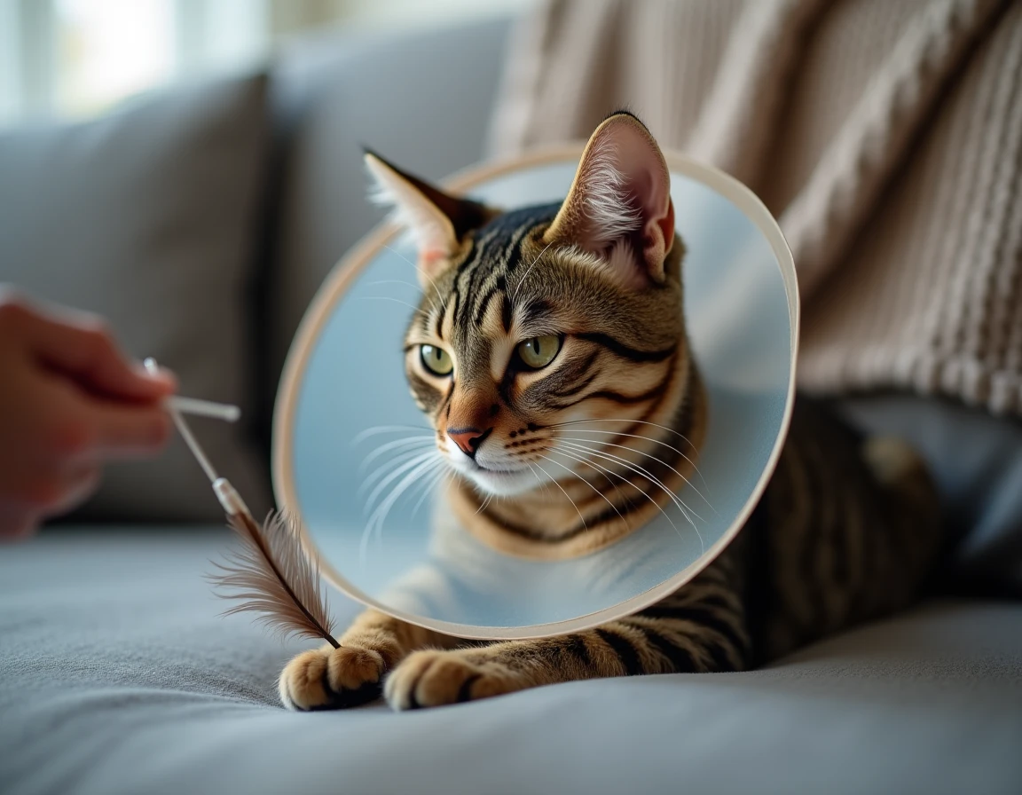 Chat tigré portant une collerette transparente jouant tranquillement avec une plume sur un canapé gris