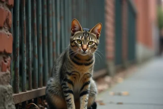 Chat errant blessé à la patte assis sur un trottoir urbain, illustrant la question des soins sans ordonnance
