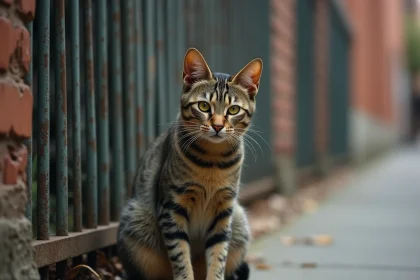 Chat errant blessé à la patte assis sur un trottoir urbain, illustrant la question des soins sans ordonnance