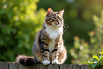 Chat vigilant perché sur une clôture de jardin
