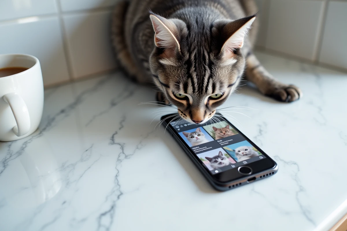 Chat British Shorthair gris reniflant un smartphone affichant un fil de photos de chats sur une surface en marbre