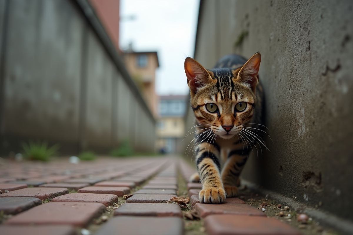 Chat tachete explore un mur en ville silencieuse